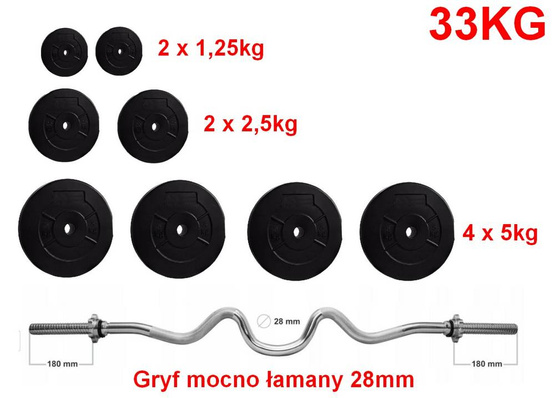 Sztanga 33kg fi29mm Obciążenie gryf mocno łamany