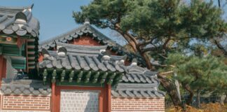 Brama pałacu Gyeongbokgung w Seulu w spokojnej, historycznej scenerii